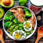 Desayuno Saludable con Aguacate, Brócoli, Pechuga de Pollo y Yogurt