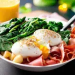 Desayuno Saludable con Huevo, Espinacas, Jamón y Frutos Secos